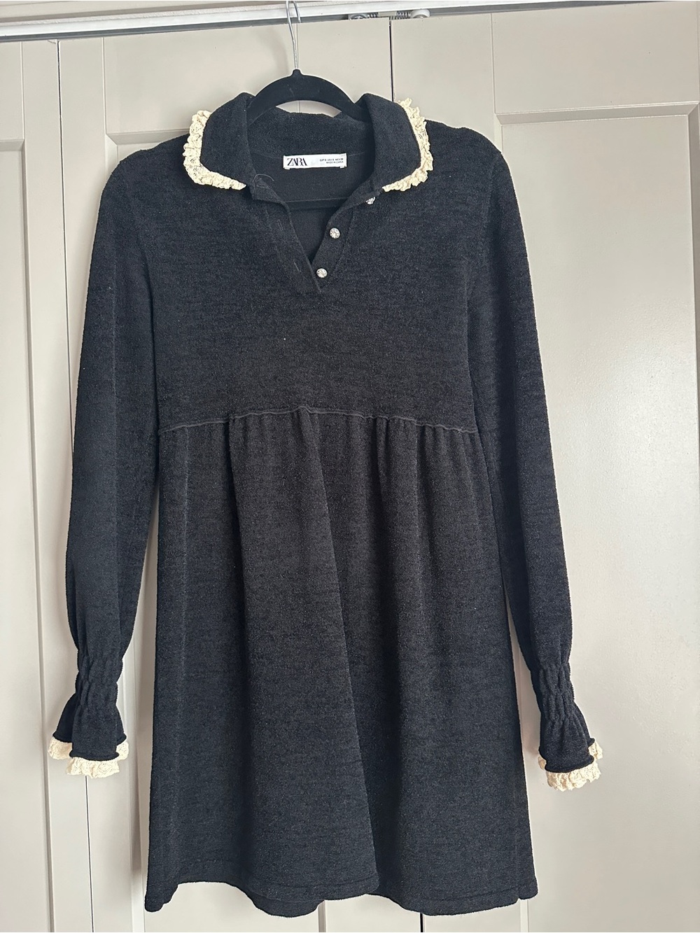 Zara Black Knit Dress with Cream Ruffle Trim